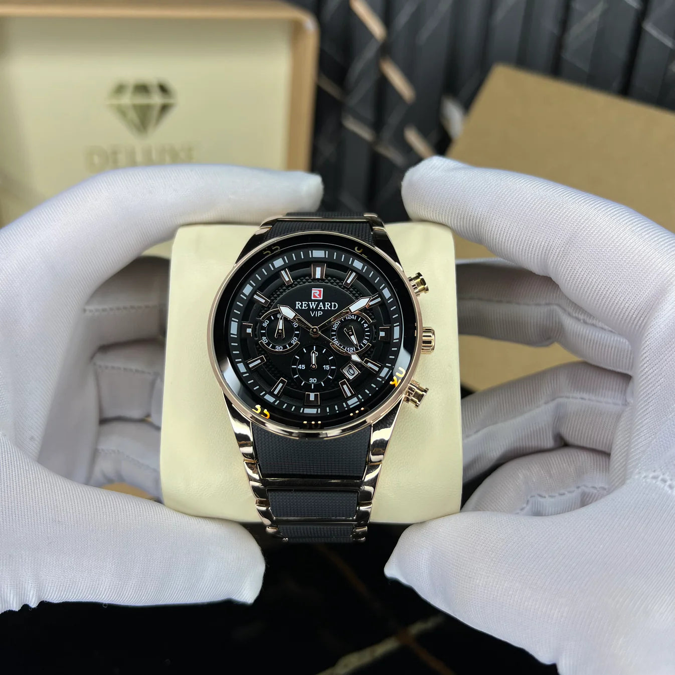 RELOJ REWARD VIP CRONÓGRAFO ACERO ORO-NEGRO/ ORIGINAL